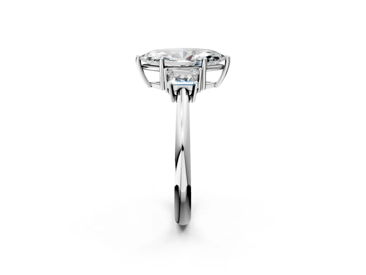 Marquise Cut Diamond Three-Stone Ring with Trapezoid Side Stones and Prong Setting White gold