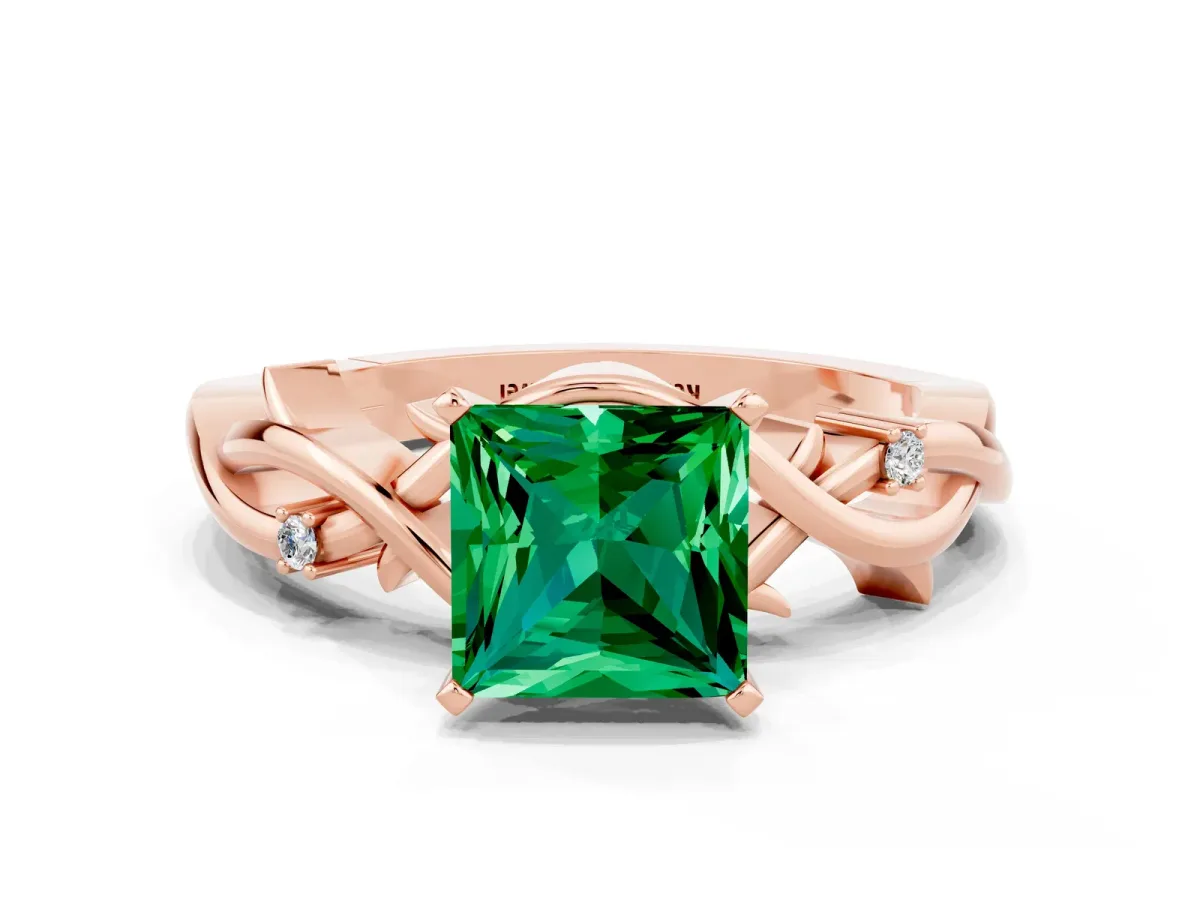 Princess Cut Emerald Solitaire Ring with Twisted Band and Prong Setting Rose gold