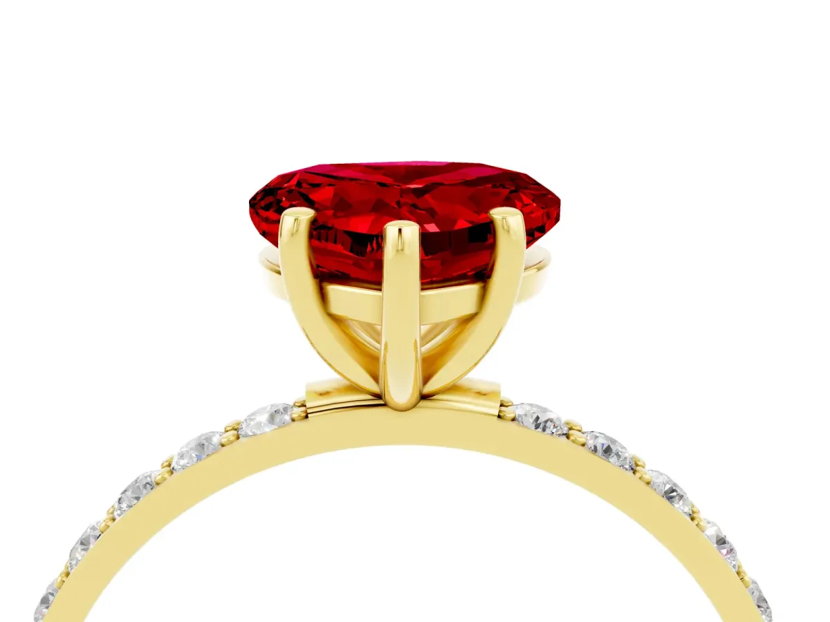Heart Cut Ruby Solitaire Ring with Round Pavé Band and Prong Setting Yellow gold