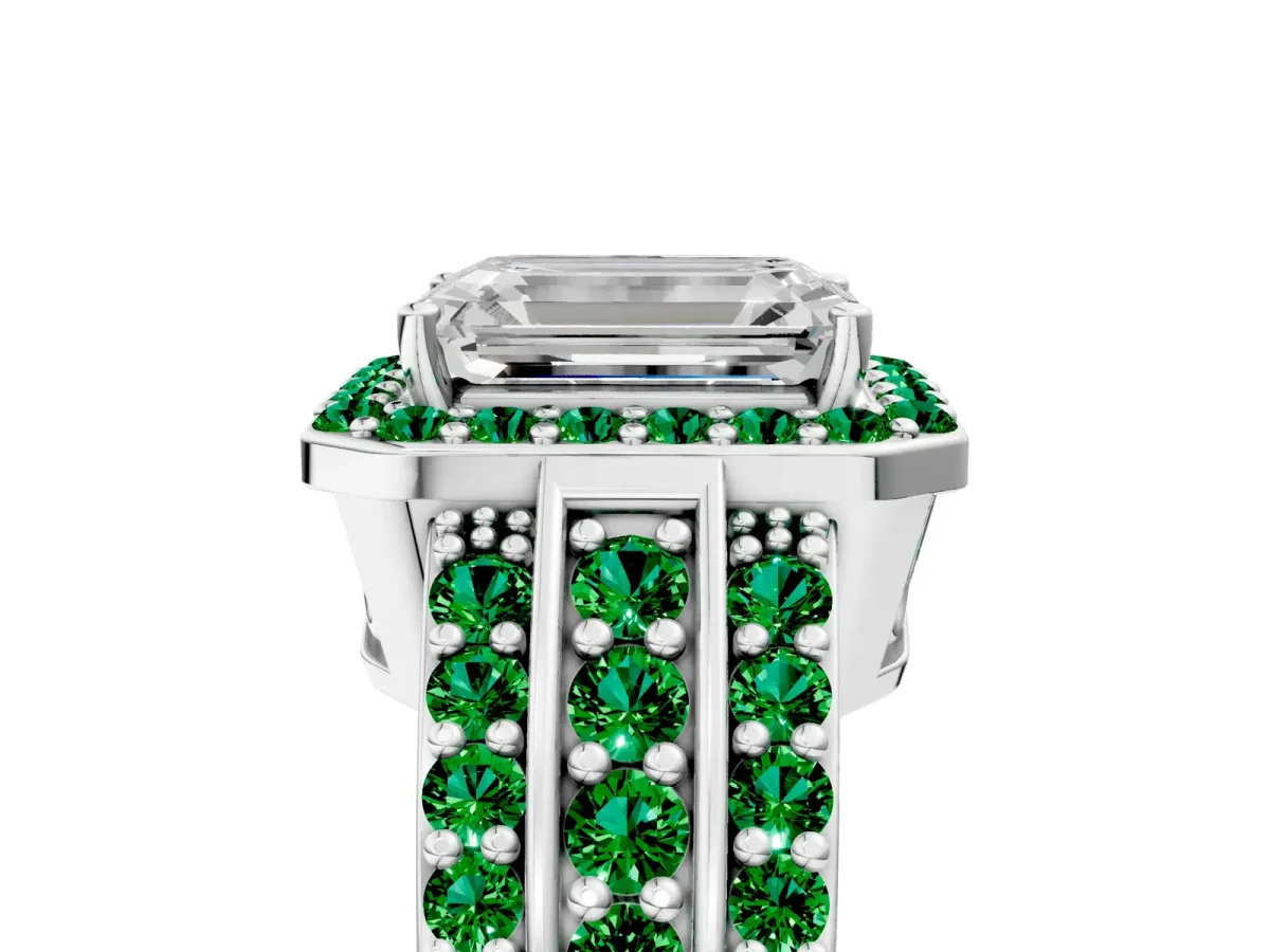 Emerald Cut Halo Diamond Ring with Round Emerald Split Shank and Prong Setting White gold