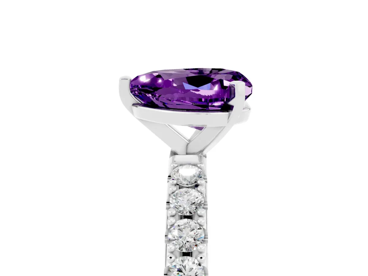 Heart Cut Amethyst Solitaire Pavé Band with Four-Prong Setting Silver