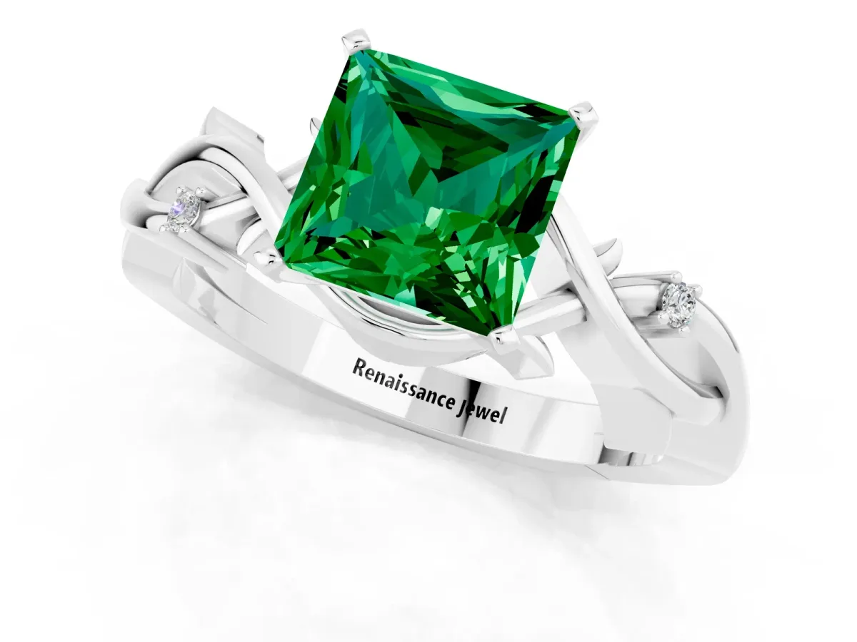 Princess Cut Emerald Solitaire Ring with Twisted Band and Prong Setting Silver