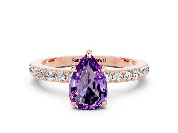 Pear Cut Amethyst Solitaire Engagement Ring with Pavé Band and Four-Prong Setting Rose gold