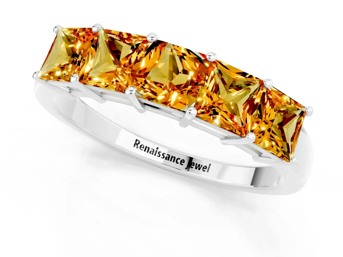 Princess Cut Five-Stone Citrine Band with Prong Setting Platinum