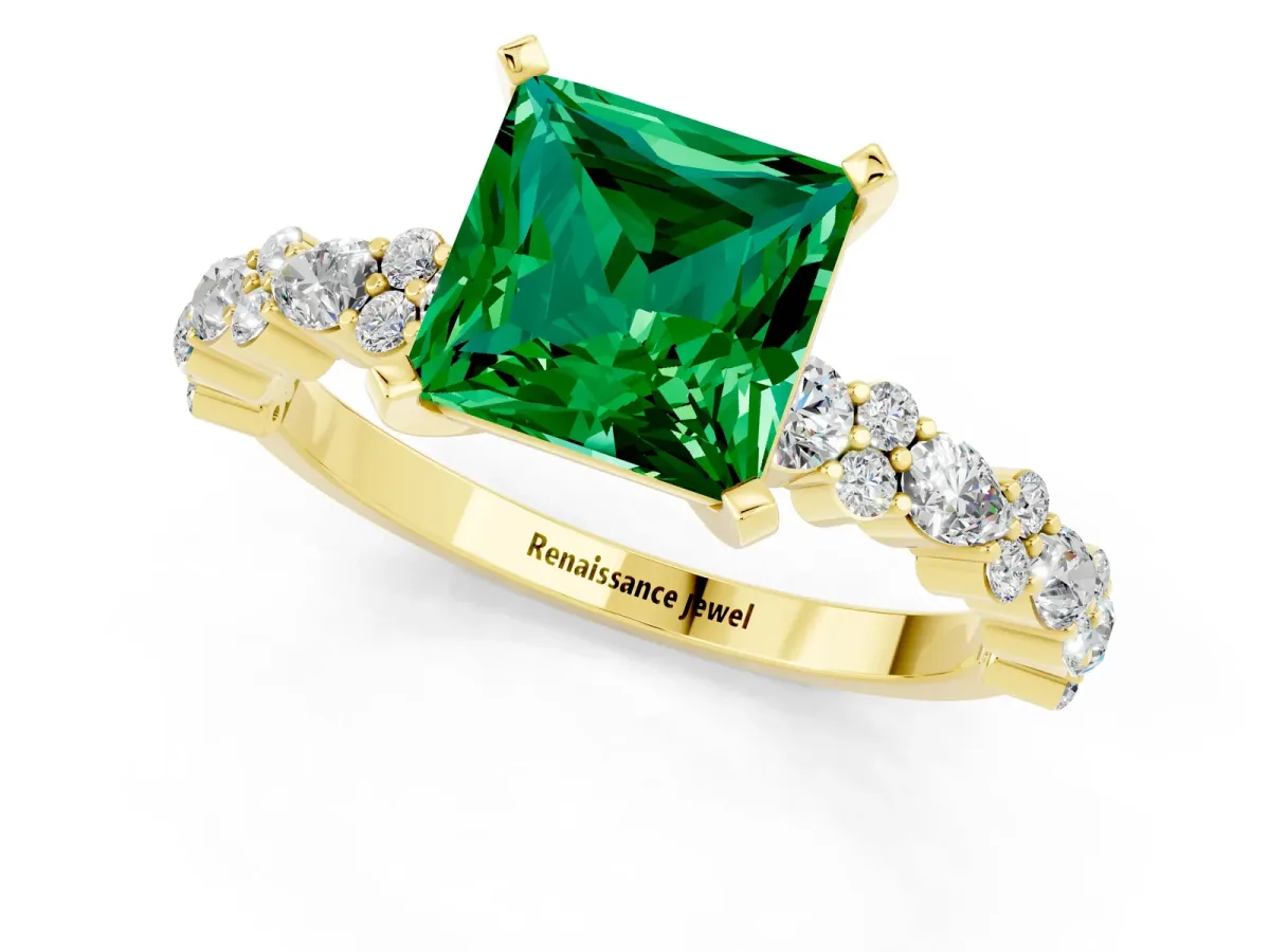 Princess Cut Emerald Side Stone Solitaire Ring with Round and Four-Prong Setting Yellow gold