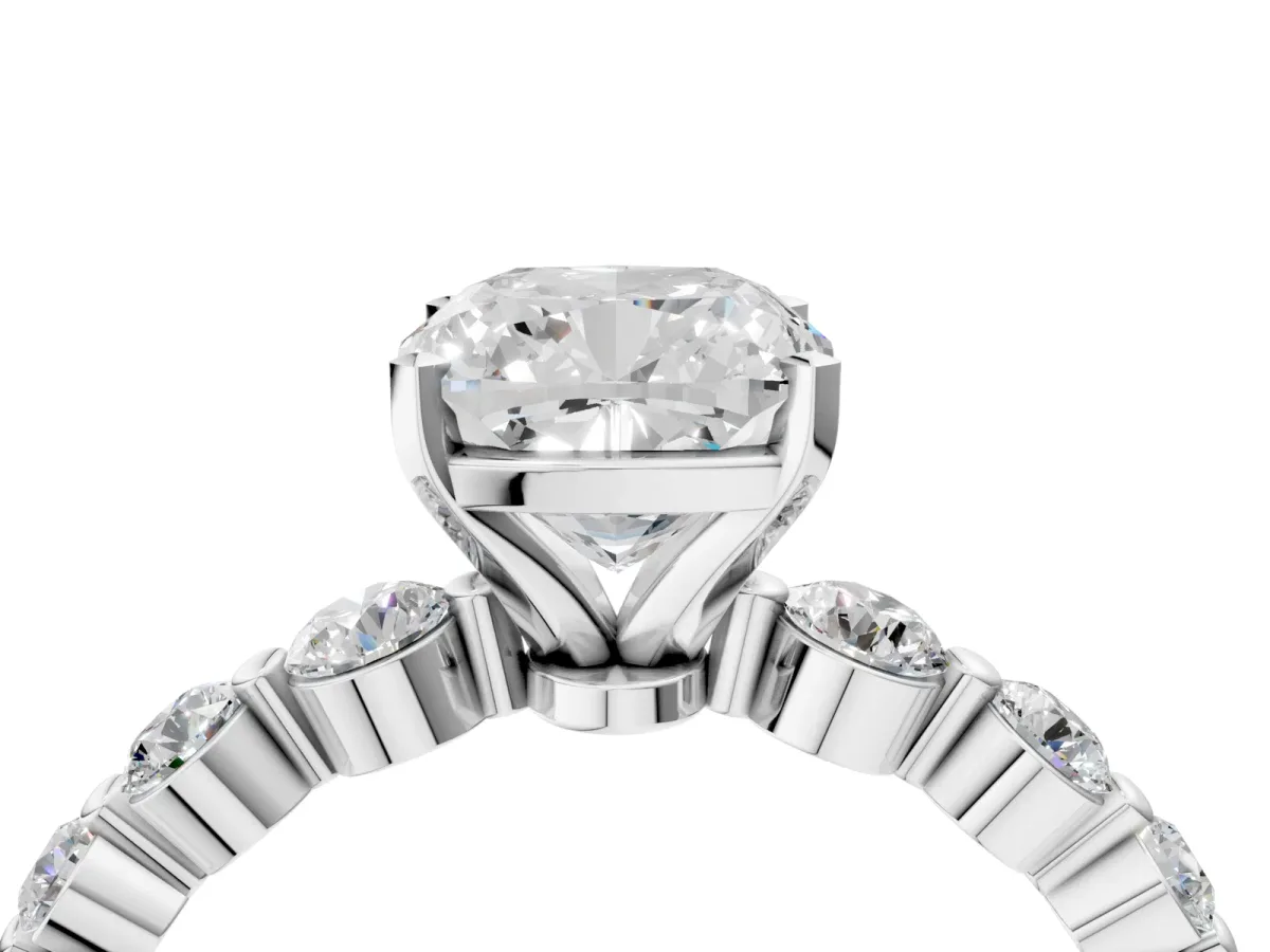 Cushion Cut Solitaire Diamond Ring with Pave Band and Four-Prong Setting Silver