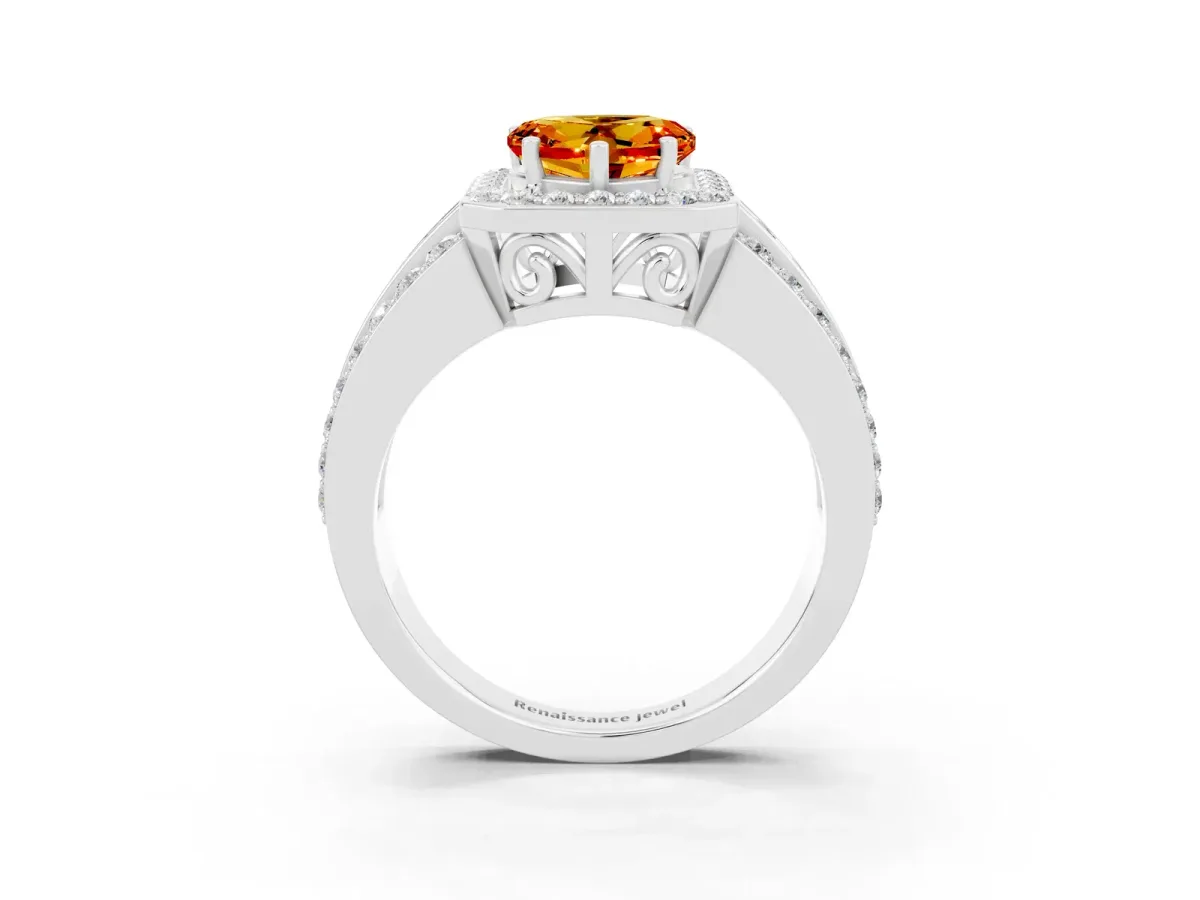 Heart Cut Halo Citrine Ring with Round Split Shank and Prong Setting Platinum