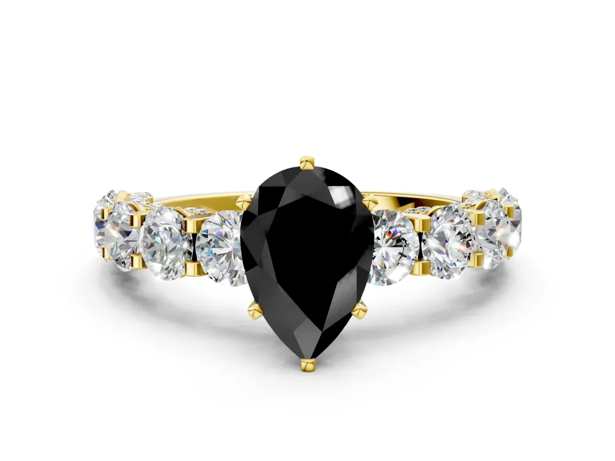 Fancy Black Pear Cut Diamond Side Stone Engagement Ring with Four-Prong Setting Yellow gold