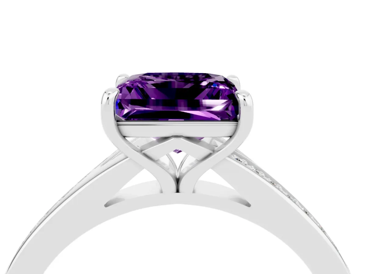 Princess Cut Amethyst Solitaire Ring with Pavé Band and Prong Setting Silver
