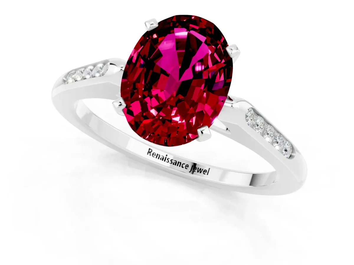 Oval Cut Garnet Solitaire Ring with Channel Set Round Band and Prong Setting Silver