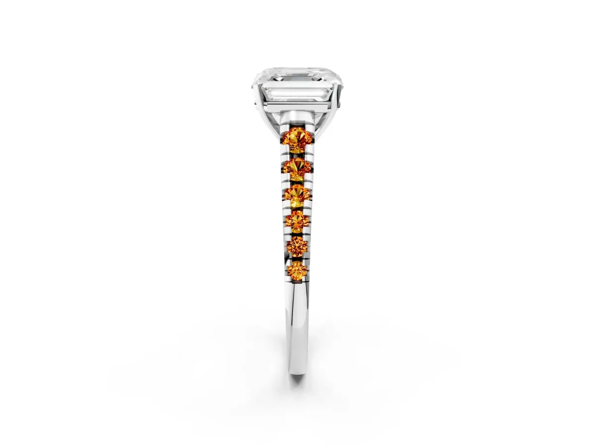 Asscher Cut Diamond Cathedral Solitaire Ring with Round Citrine Pavé Band Silver