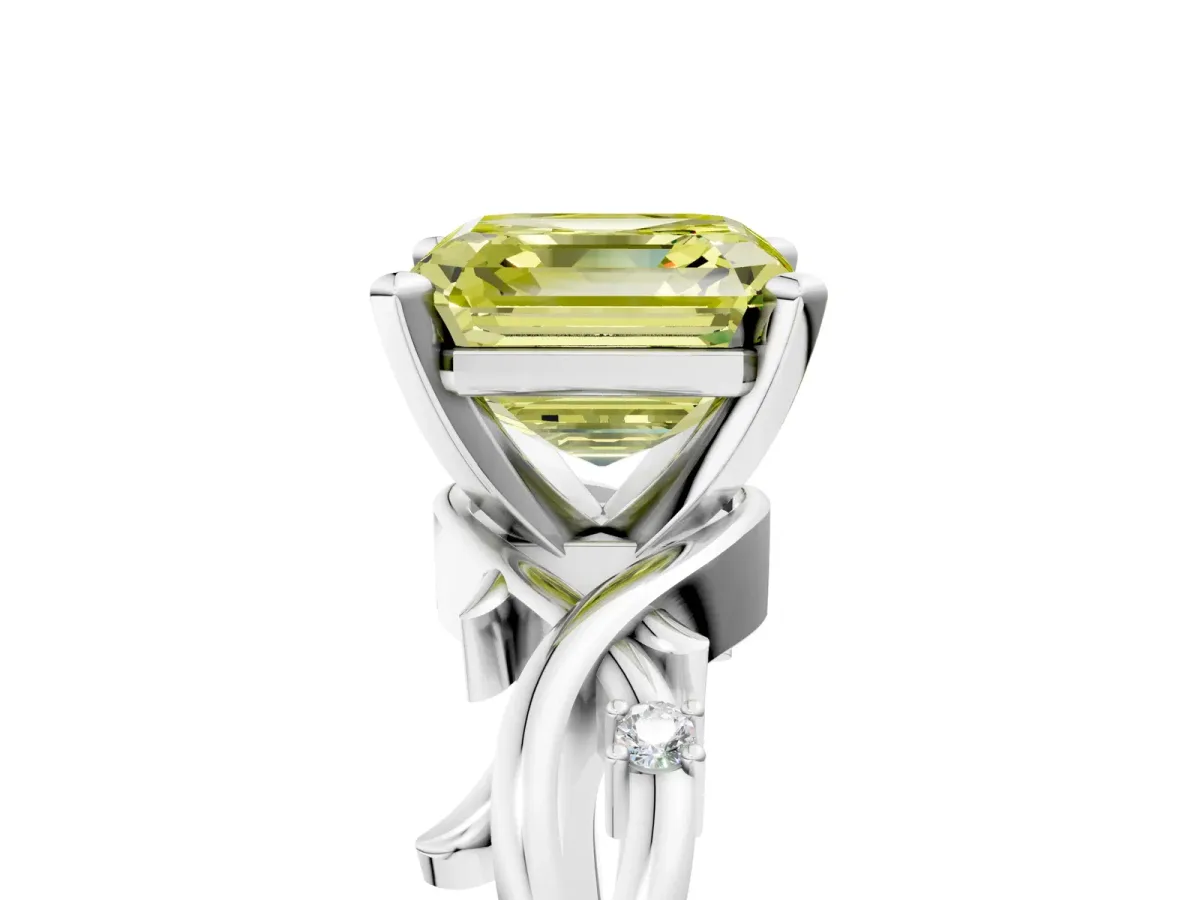 Fancy Yellow Asscher Cut Diamond Solitaire Ring with Twisted Band and Prong Setting Silver