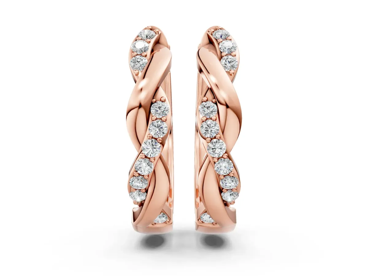 Round Cut Diamond Twisted Pavé Hoop Earrings Rose gold