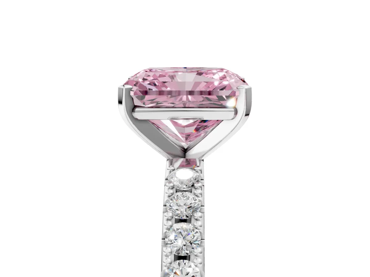 Fancy Pink Radiant Cut Diamond Solitaire Pavé Band with Four-Prong Setting Silver