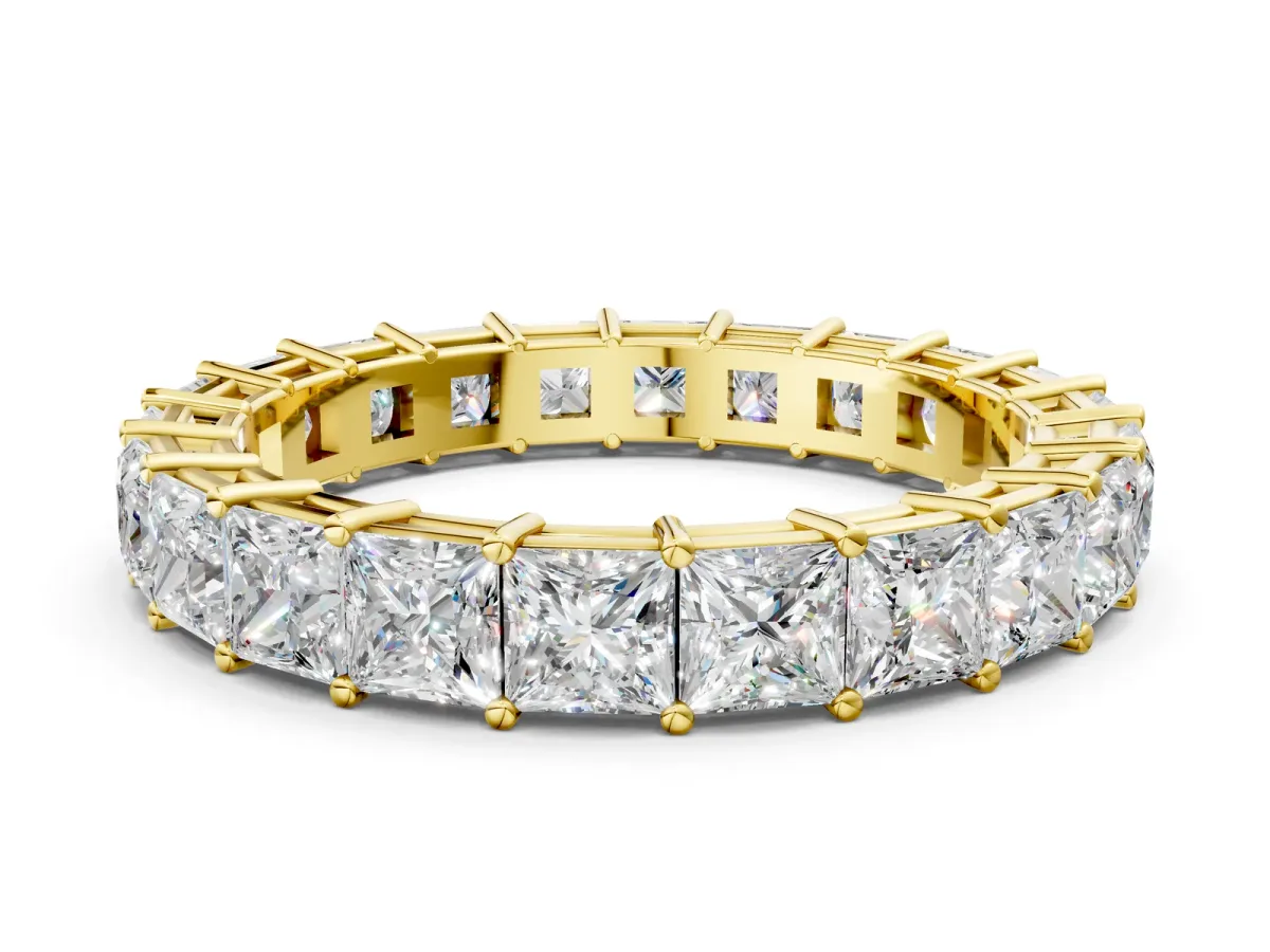 Princess Cut Eternity Band with Shared Prong Setting Yellow gold