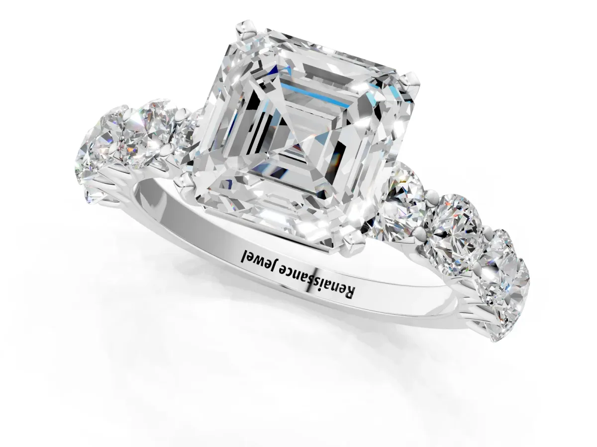 Asscher Cut Diamond Prong Setting with Side Stones on a Pave Band Platinum