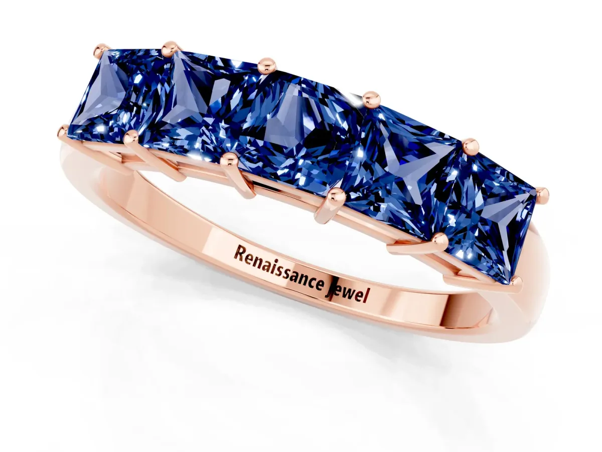 Princess Cut Five-Stone Blue Sapphire Band with Prong Setting Rose gold