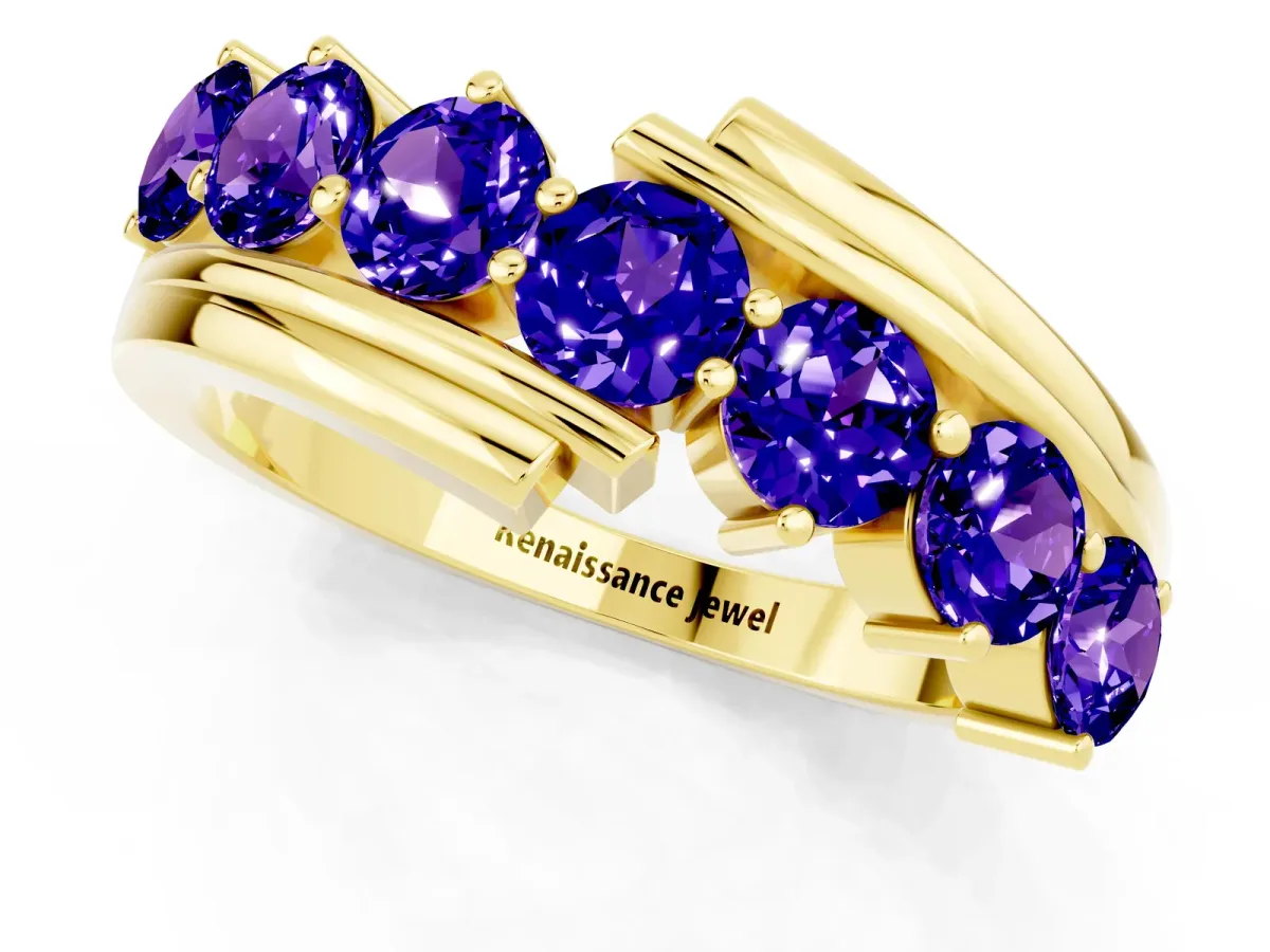 Round Tanzanite Wave Band with Channel and Shared Prong Setting Yellow gold