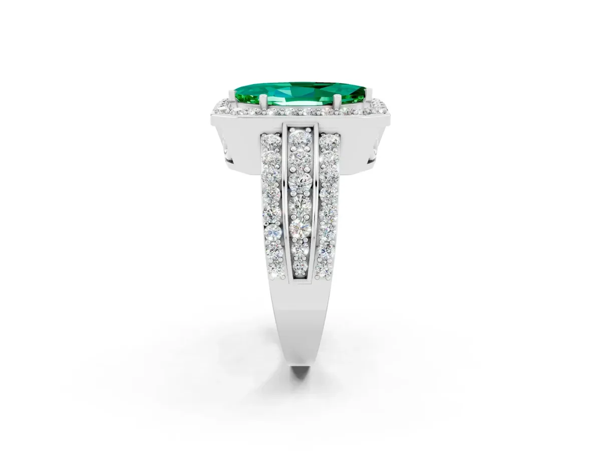 Marquise Cut Halo Emerald Ring with Round Split Shank and Prong Setting Platinum