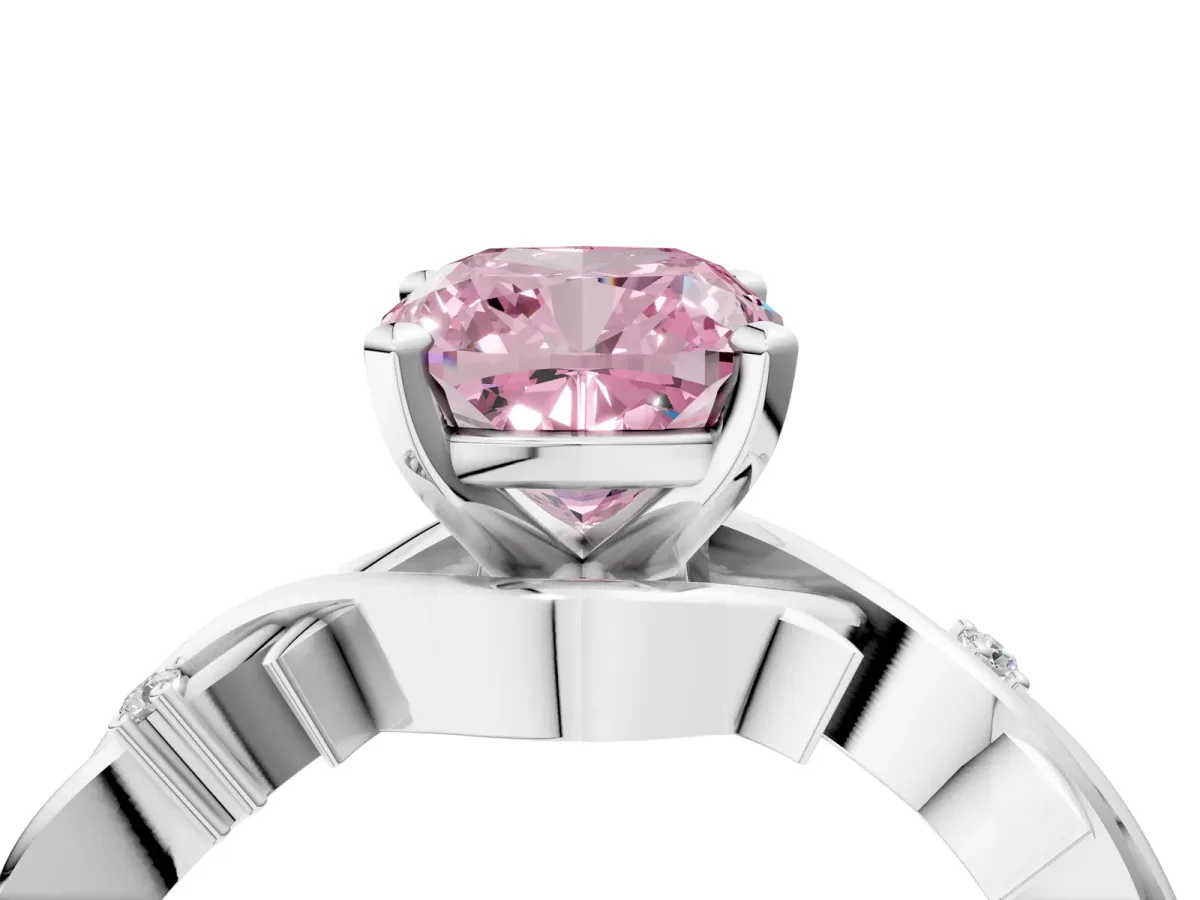 Fancy Pink Cushion Cut Diamond Solitaire Ring with Twisted Band and Prong Setting Silver