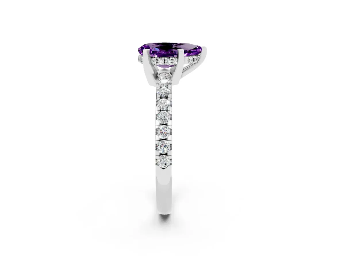 Pear Cut Amethyst Solitaire Ring with Round Pavé Band and Four-Prong Setting Silver