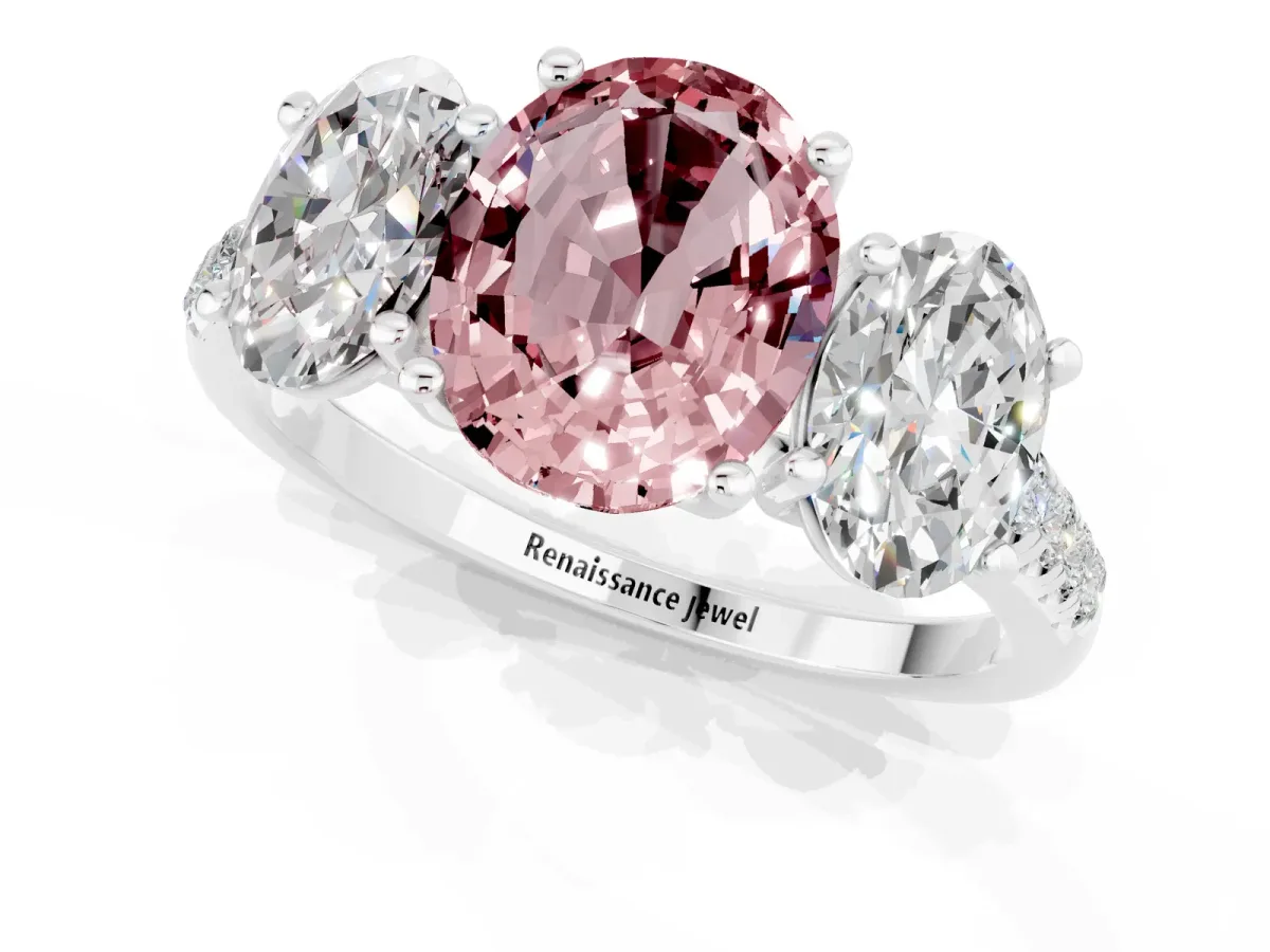 Three-Stone Oval Cut Morganite Ring with Round Pavé Band and Prong Setting Silver