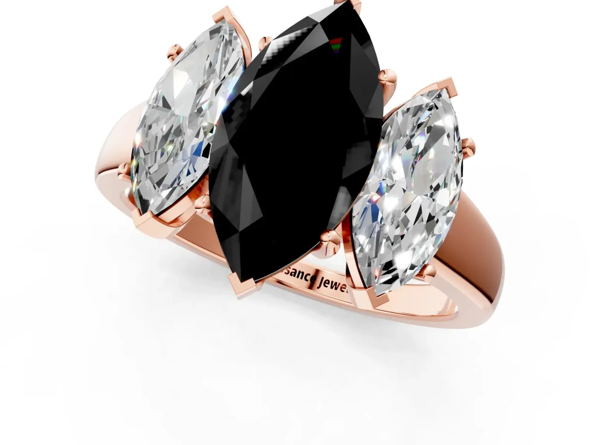 Fancy Black Three-Stone Marquise Cut Cut Solitaire Ring with Classic Prong Setting Rose gold