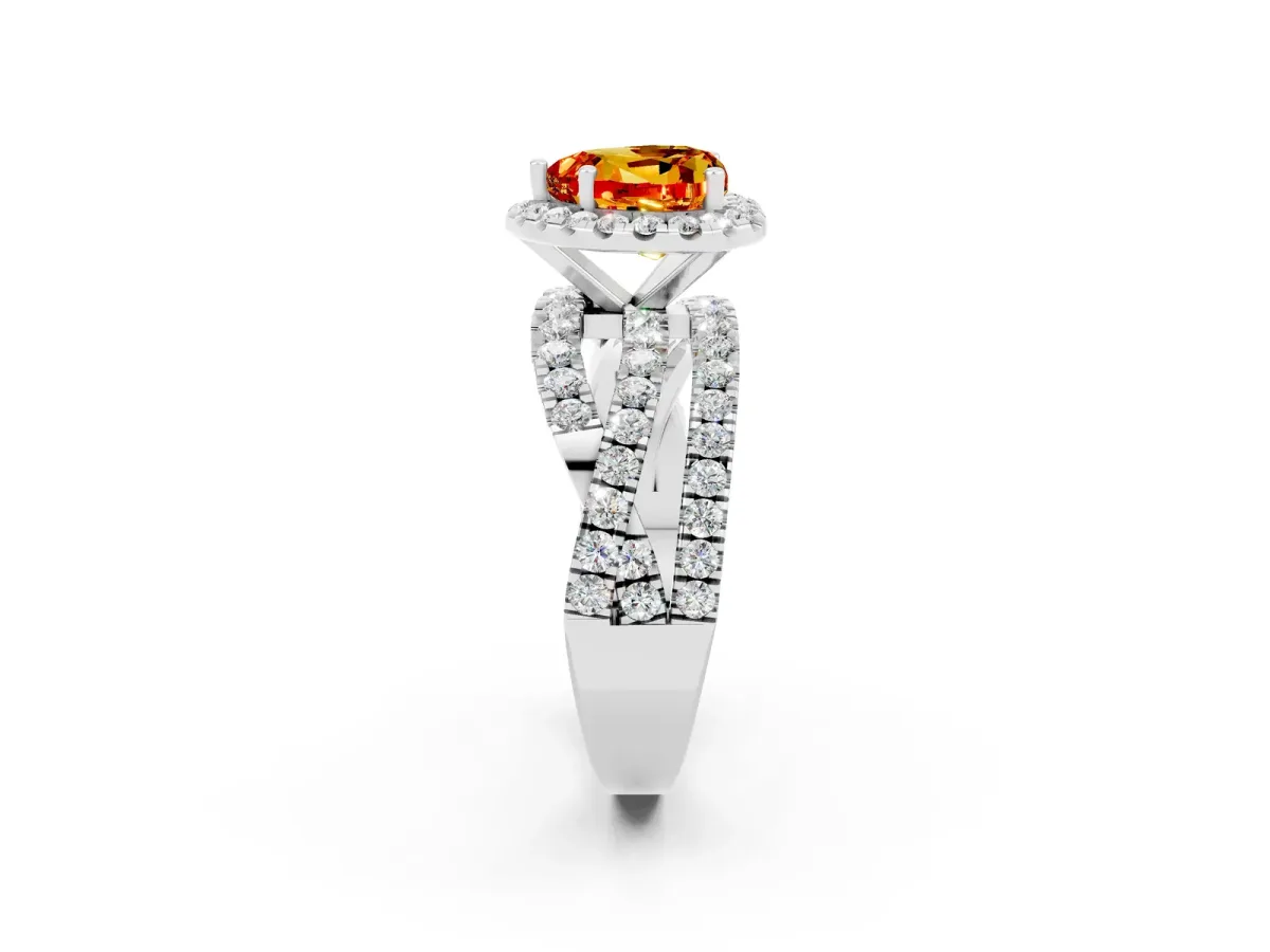 Heart Cut Citrine Halo Ring with Round Split Shank and Prong Setting Platinum