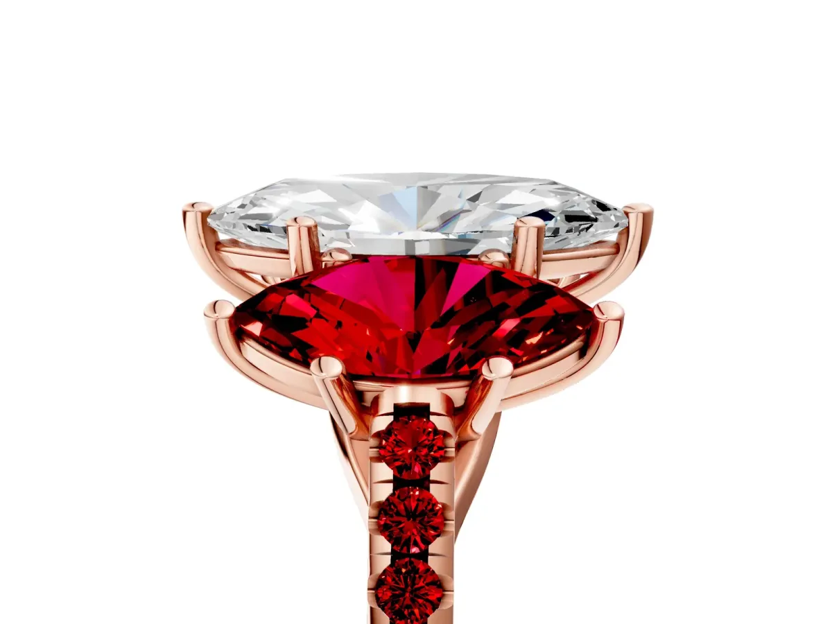 Three-Stone Marquise Cut Diamond Ring with Round Ruby Pavé Band and Prong Setting Rose gold