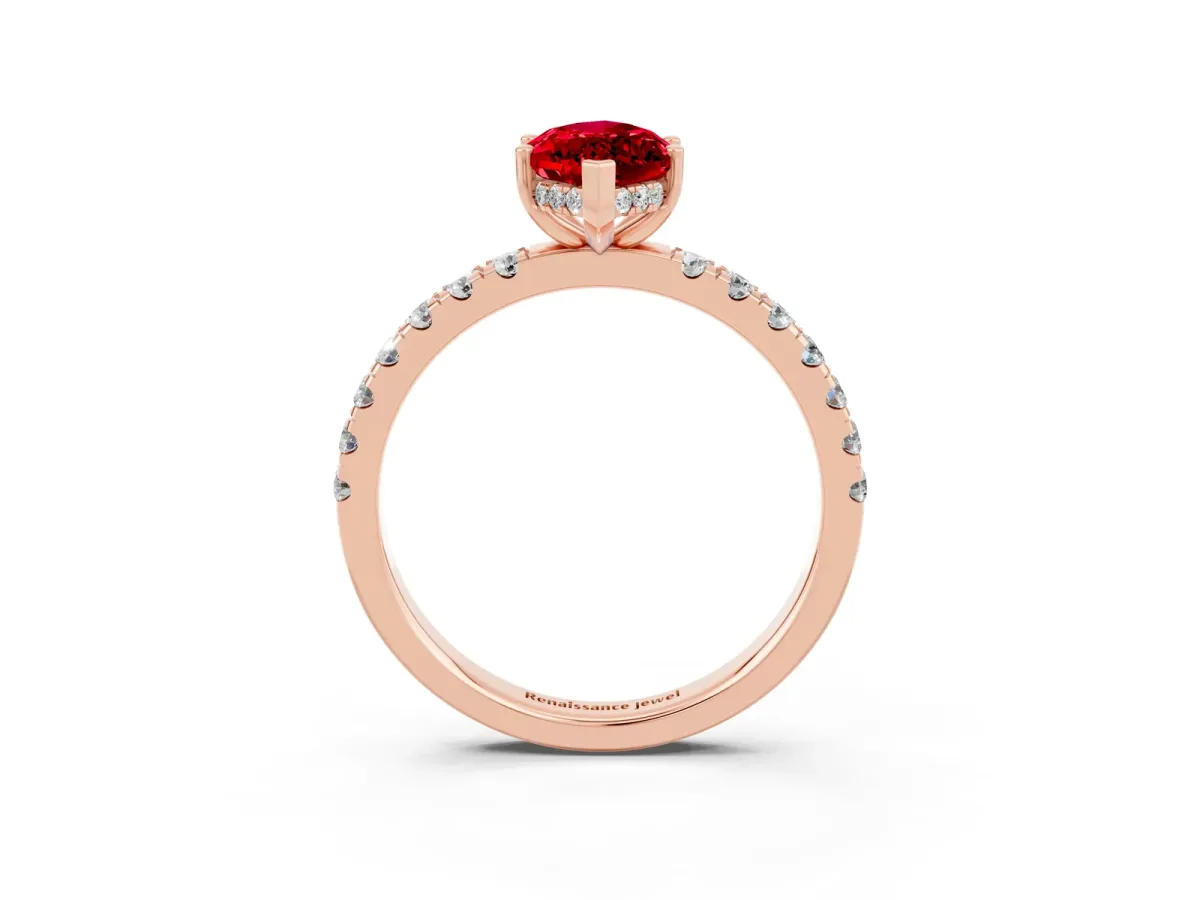 Marquise Cut Ruby Pave Band Solitaire Ring with Round and Prong Setting Rose gold