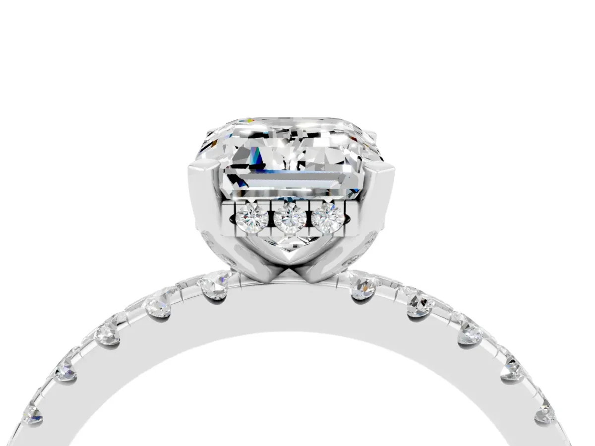 Emerald Cut Moissanite Solitaire Ring with Round Pavé Band and Four-Prong Setting Silver