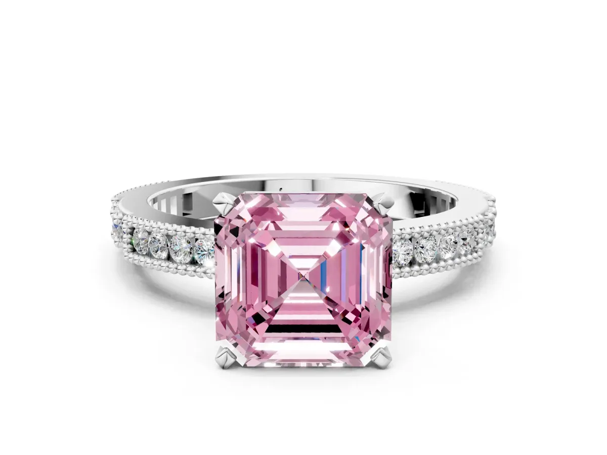 Fancy Pink Asscher Cut Solitaire with Pavé Band and Four-Prong Setting Silver