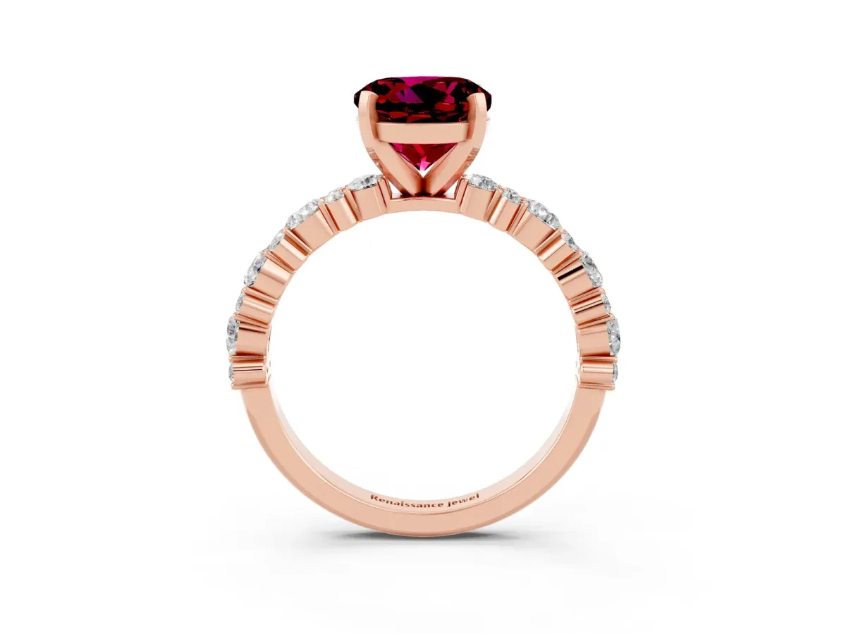 Round Cut Garnet Side Stone Solitaire Ring with Round and Four-Prong Setting Rose gold