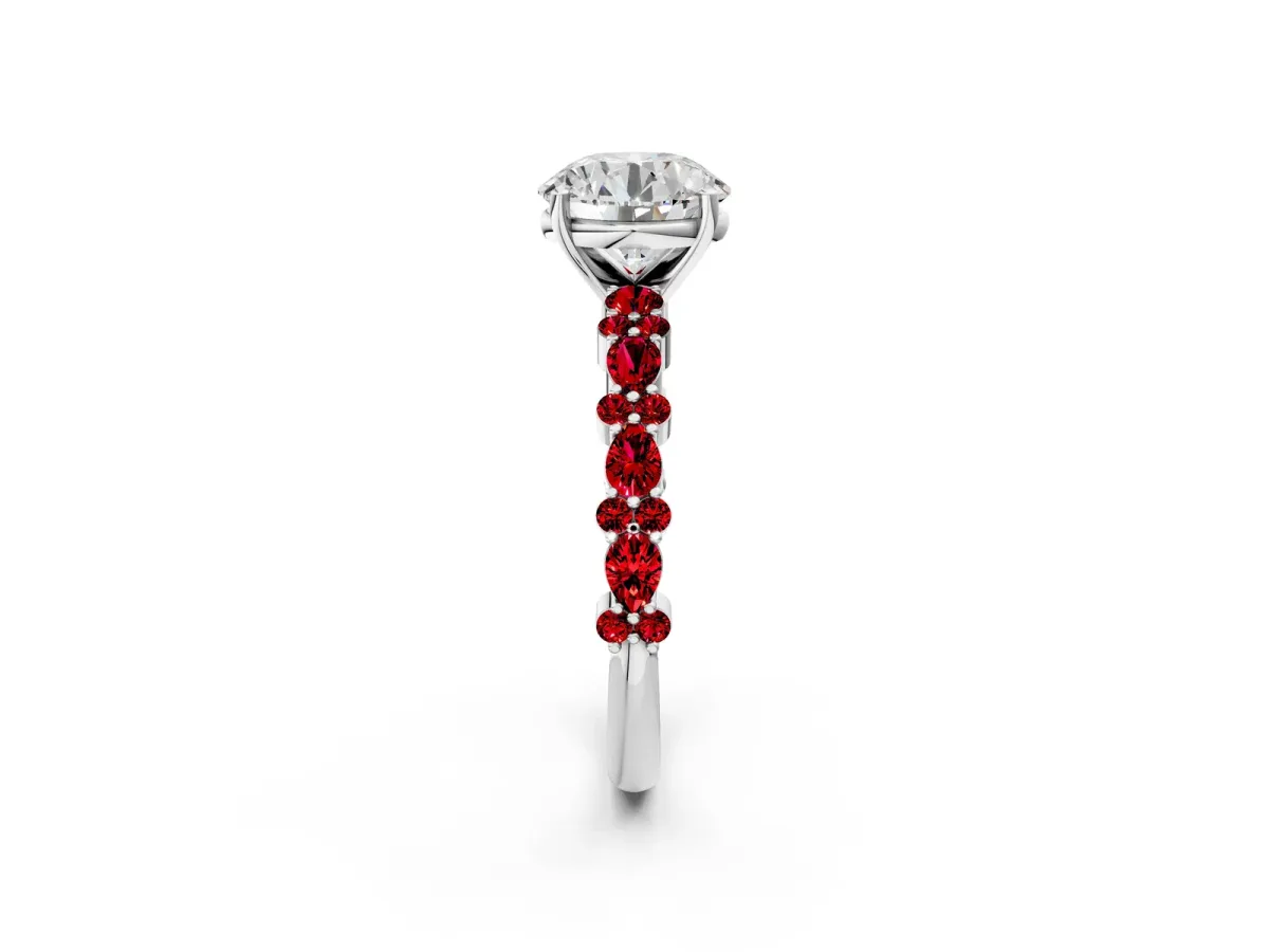Round Cut Diamond Side Stone Solitaire Ring with Round Ruby and Four-Prong Setting Platinum