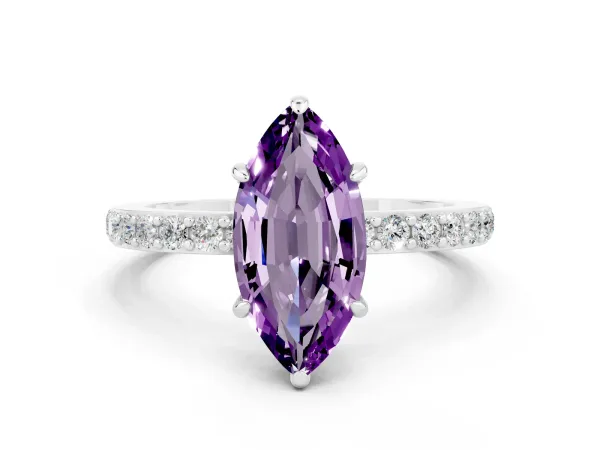 Marquise Cut Amethyst Solitaire Engagement Ring with Pavé Band and Four-Prong Setting Platinum