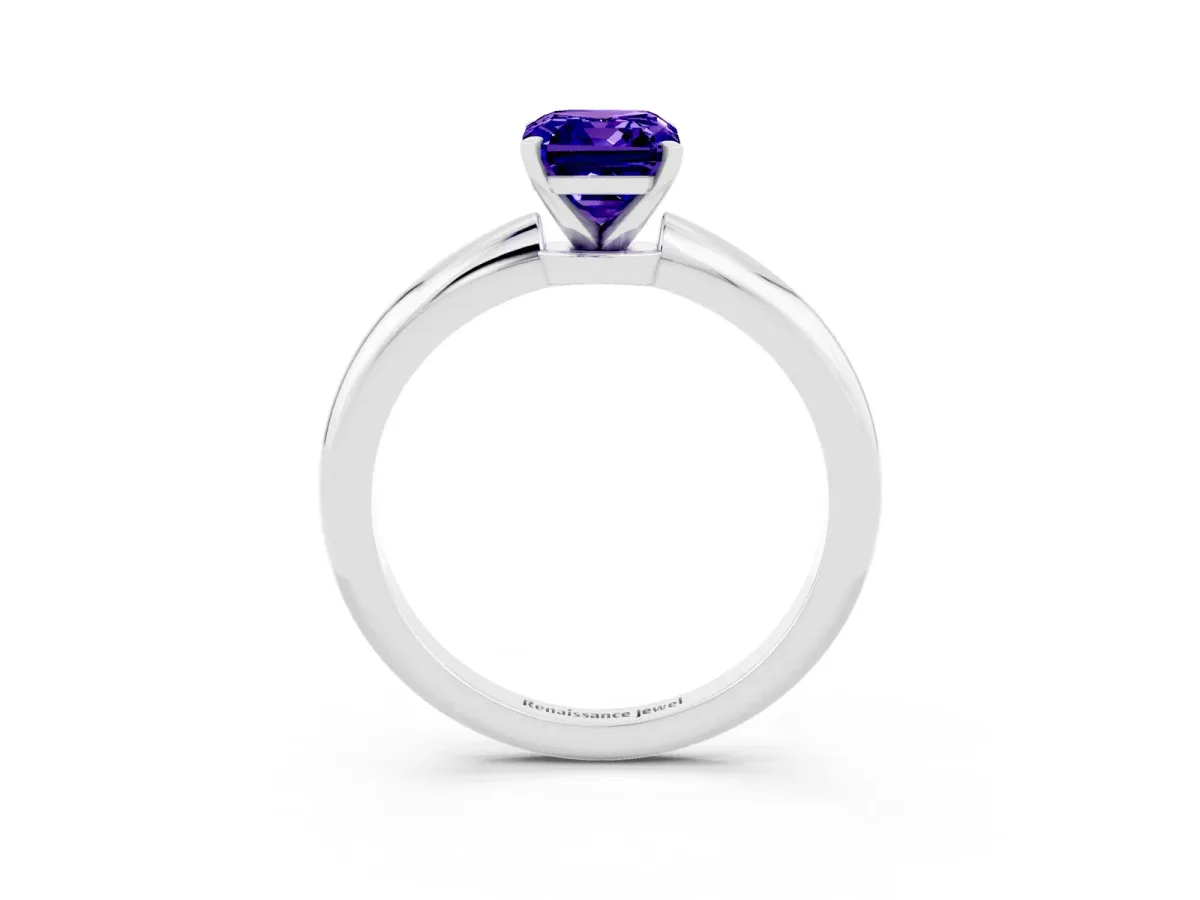Emerald Cut Tanzanite Solitaire Ring with Six-Prong Setting and Classic Band Platinum
