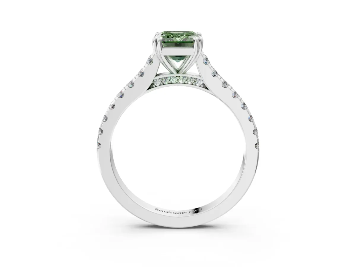 Fancy Green Emerald Cut Solitaire Pave Diamond Engagement Ring with Prong Setting White gold