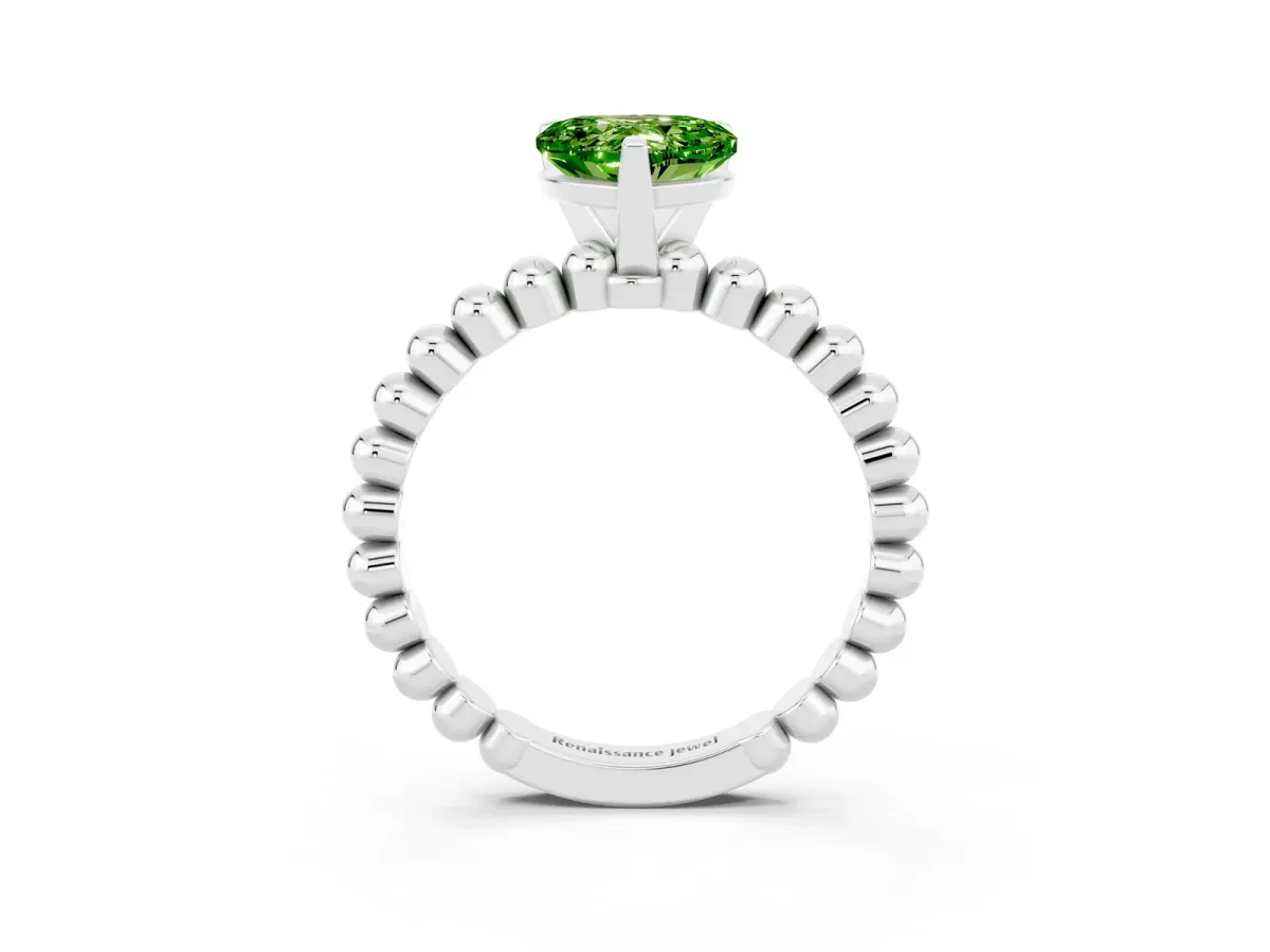 Heart Cut Peridot Solitaire Ring with Beaded Band and Prong Setting Silver
