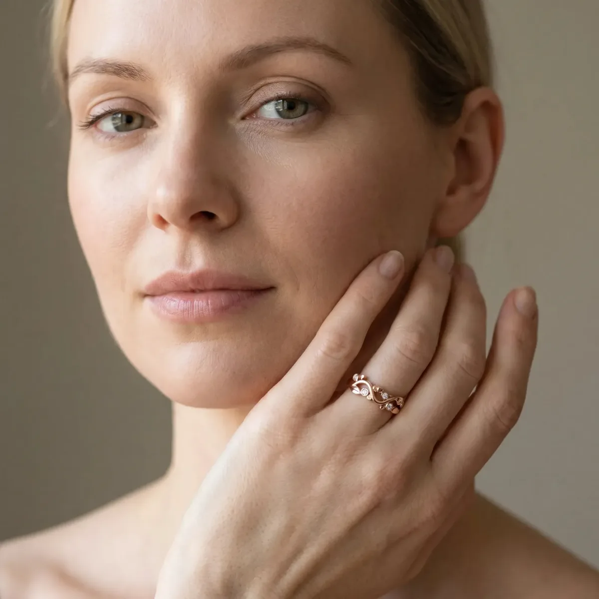 Round Diamond Leaf Eternity Band with Bezel Setting Rose gold