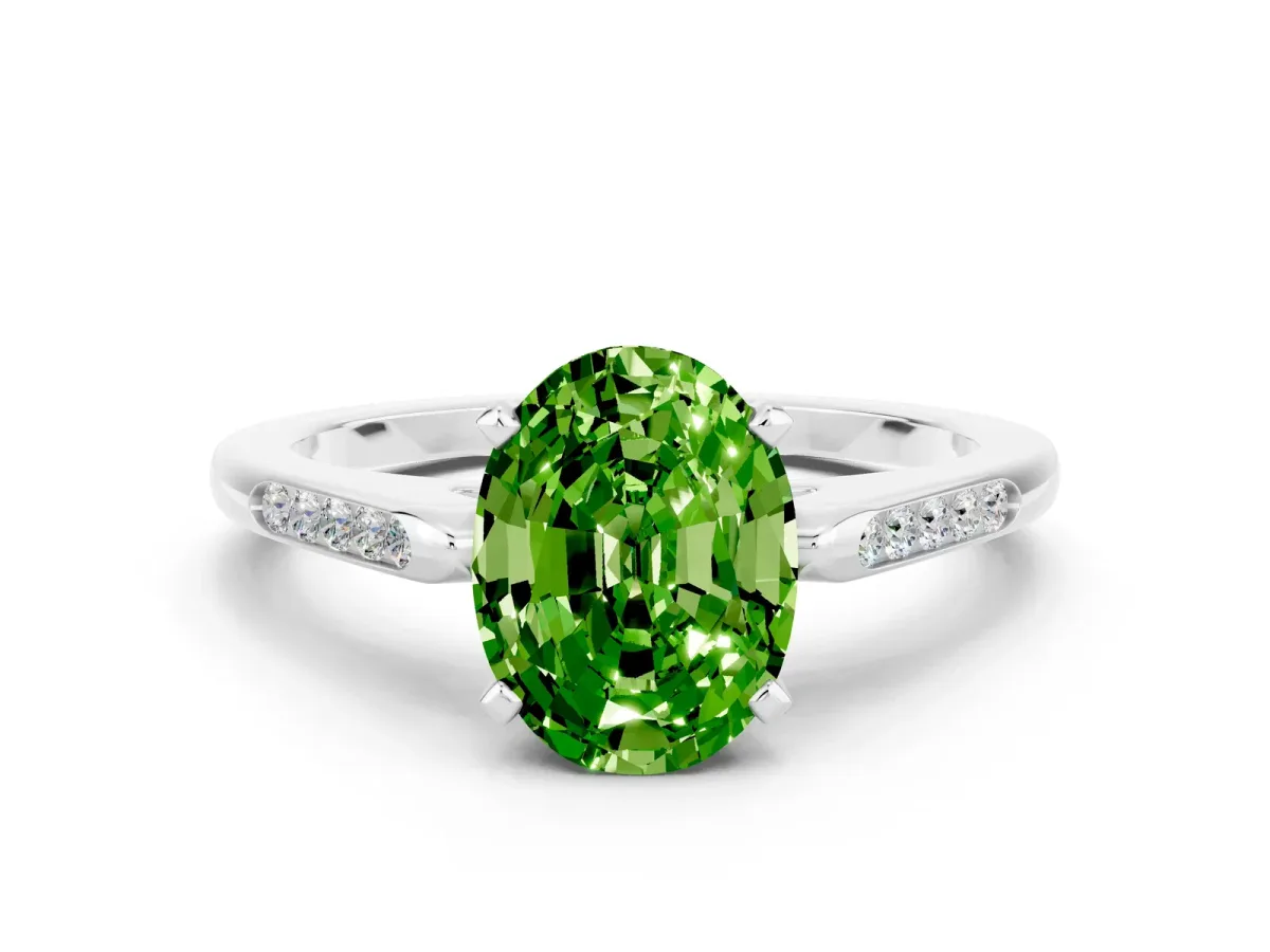 Oval Cut Peridot Solitaire Ring with Channel Set Round Band and Prong Setting Silver