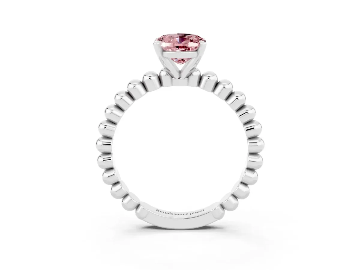 Oval Cut Morganite Solitaire Ring with Beaded Band and Prong Setting Platinum