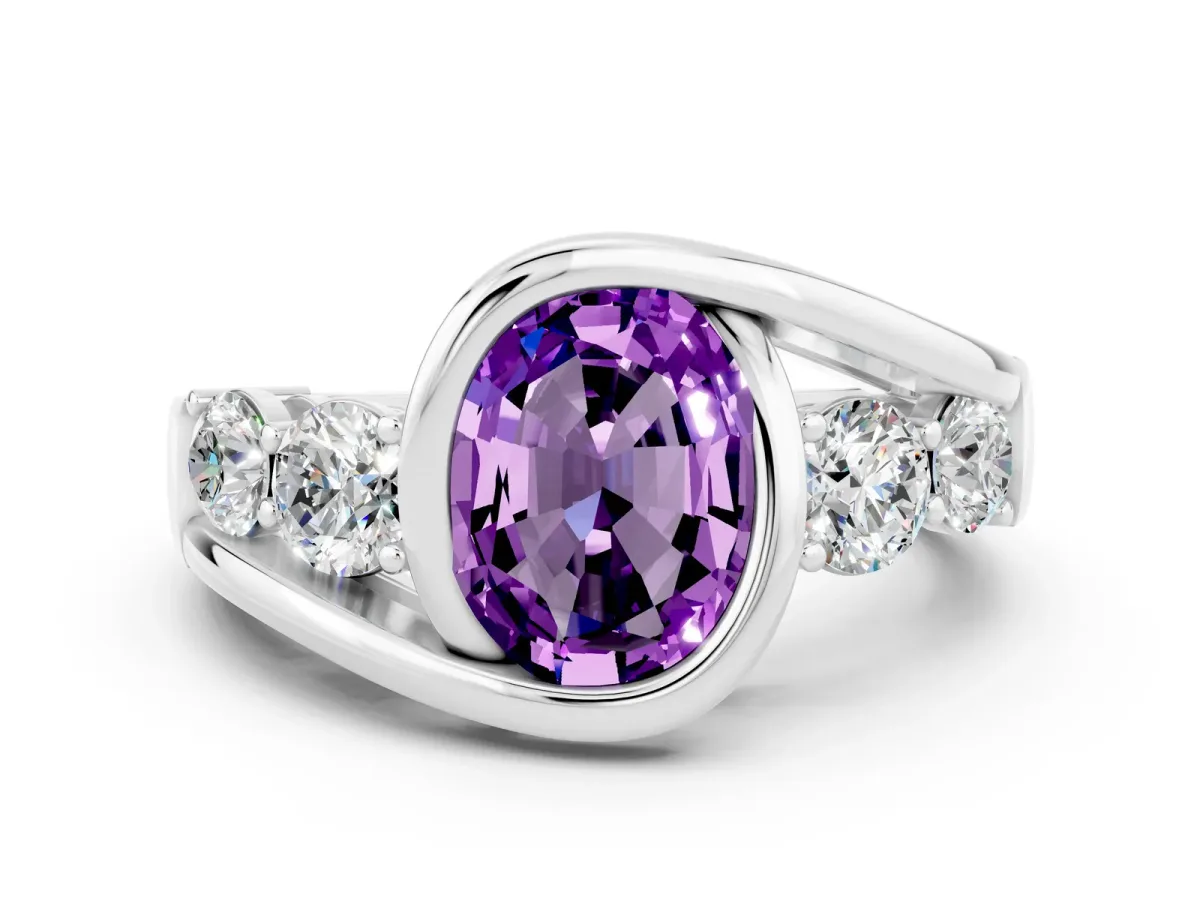 Bezel Set Oval Cut Amethyst Bypass Ring with Round Accents Silver