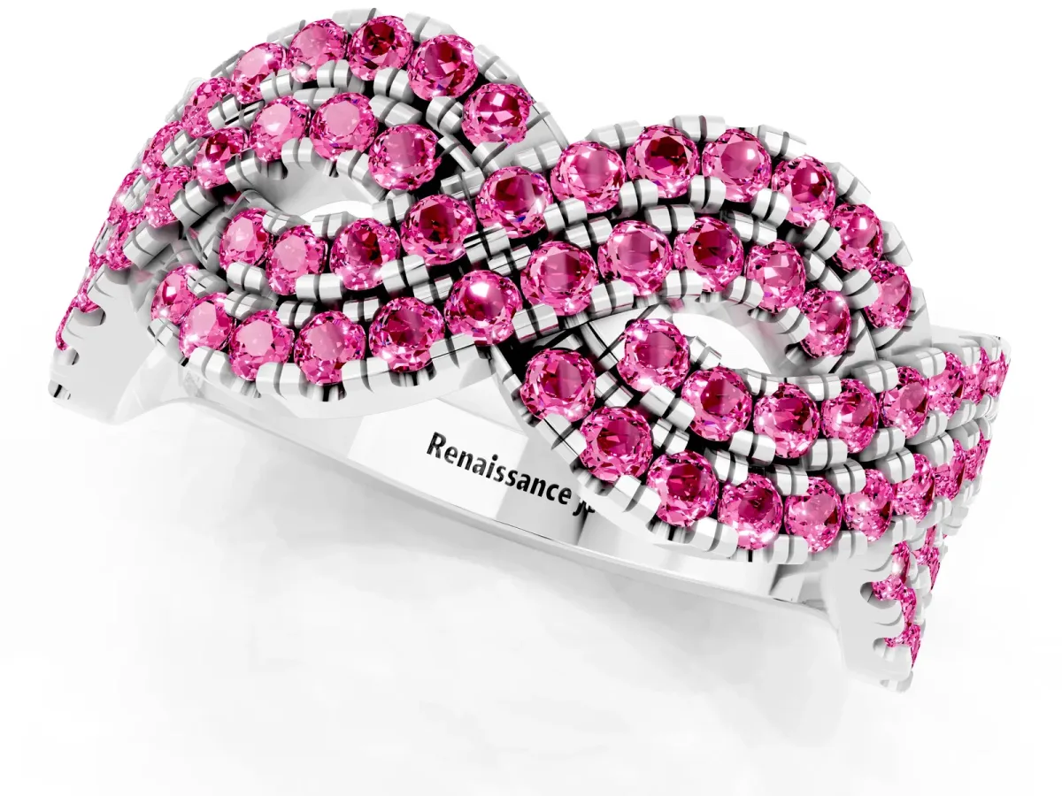 Pavé Round Pink Sapphire Infinity Twist Band with Shared Prong Setting Platinum