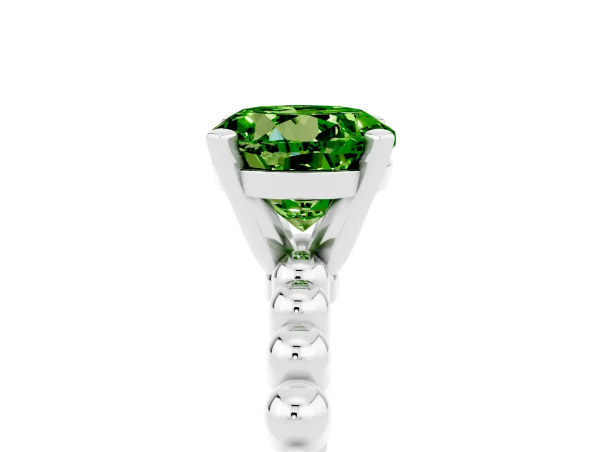 Round Cut Peridot Solitaire Ring with Beaded Band and Prong Setting Silver
