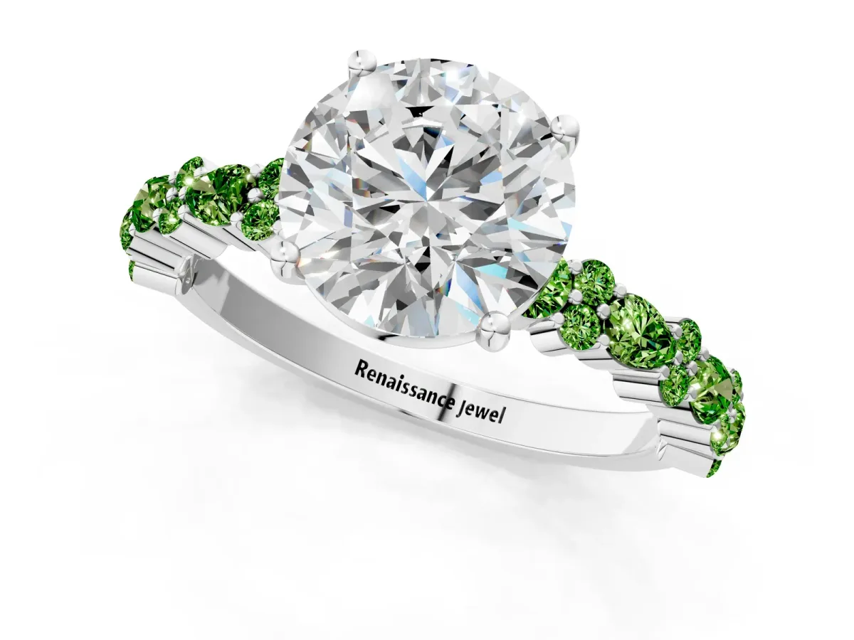 Round Cut Diamond Side Stone Solitaire Ring with Round Peridot and Four-Prong Setting Silver