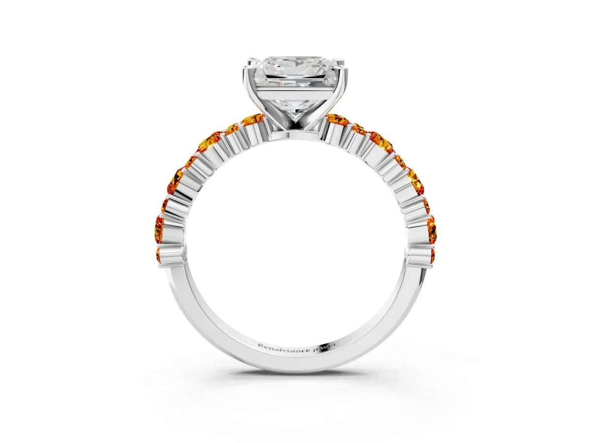 Princess Cut Diamond Side Stone Solitaire Ring with Round Citrine and Four-Prong Setting Platinum