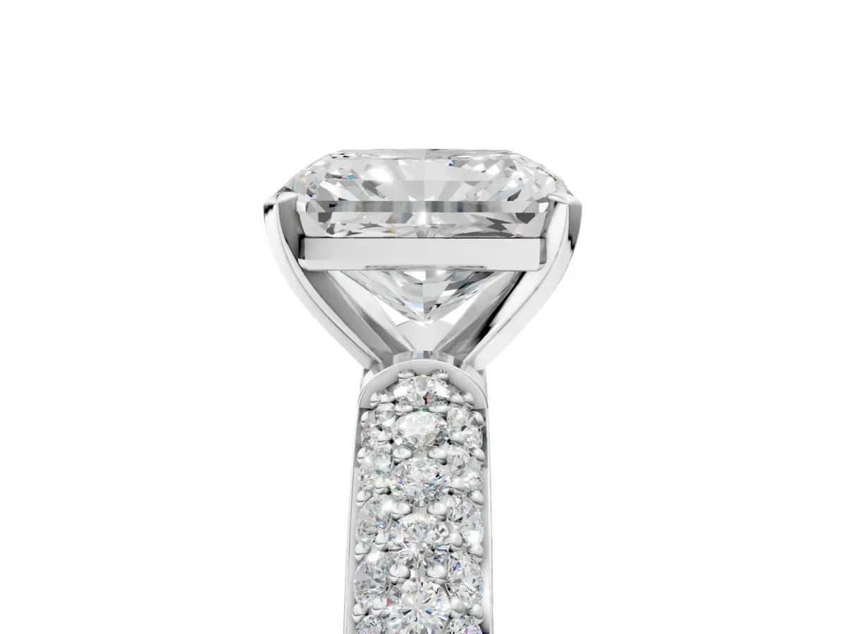 Radiant Cut Diamond Solitaire Ring with Prong Setting and Pavé Band Platinum