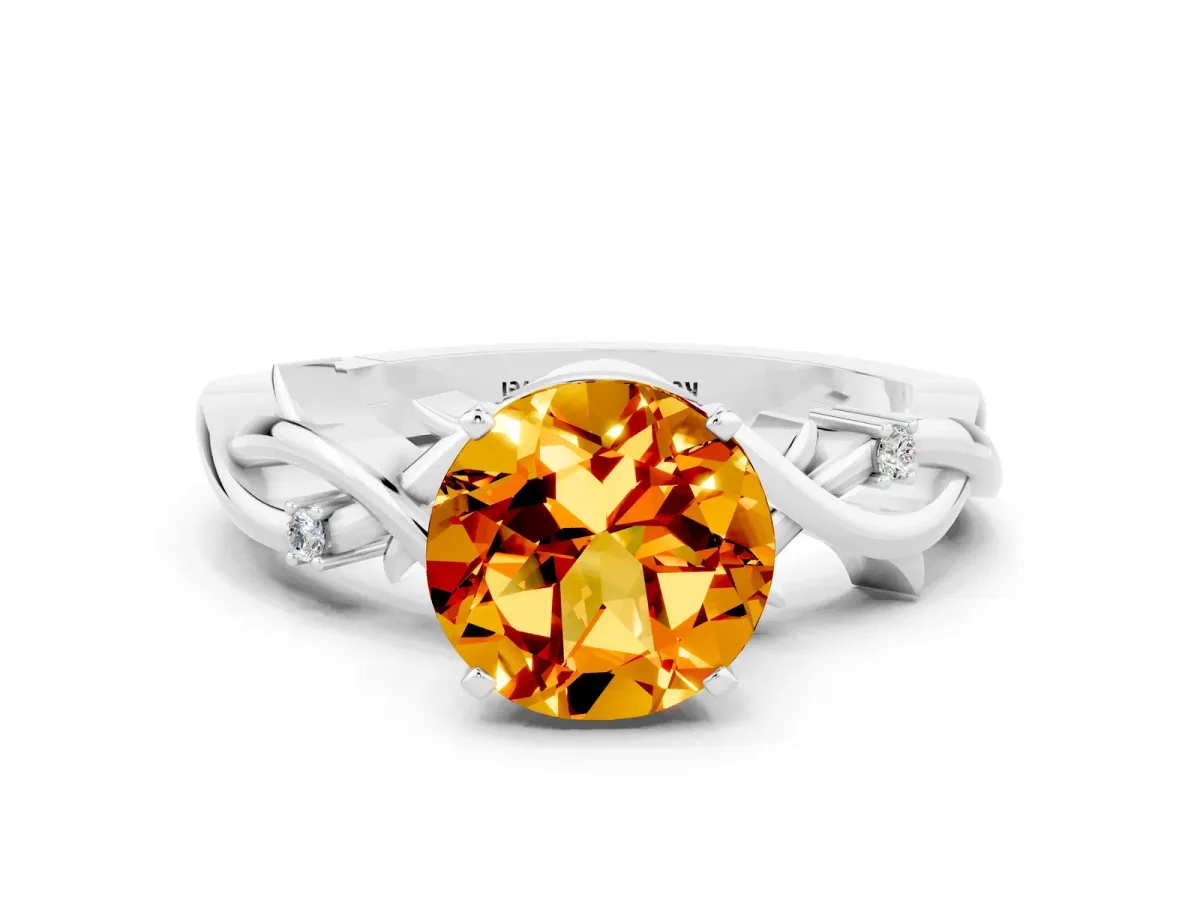 Round Cut Citrine Solitaire Ring with Twisted Band and Prong Setting Platinum
