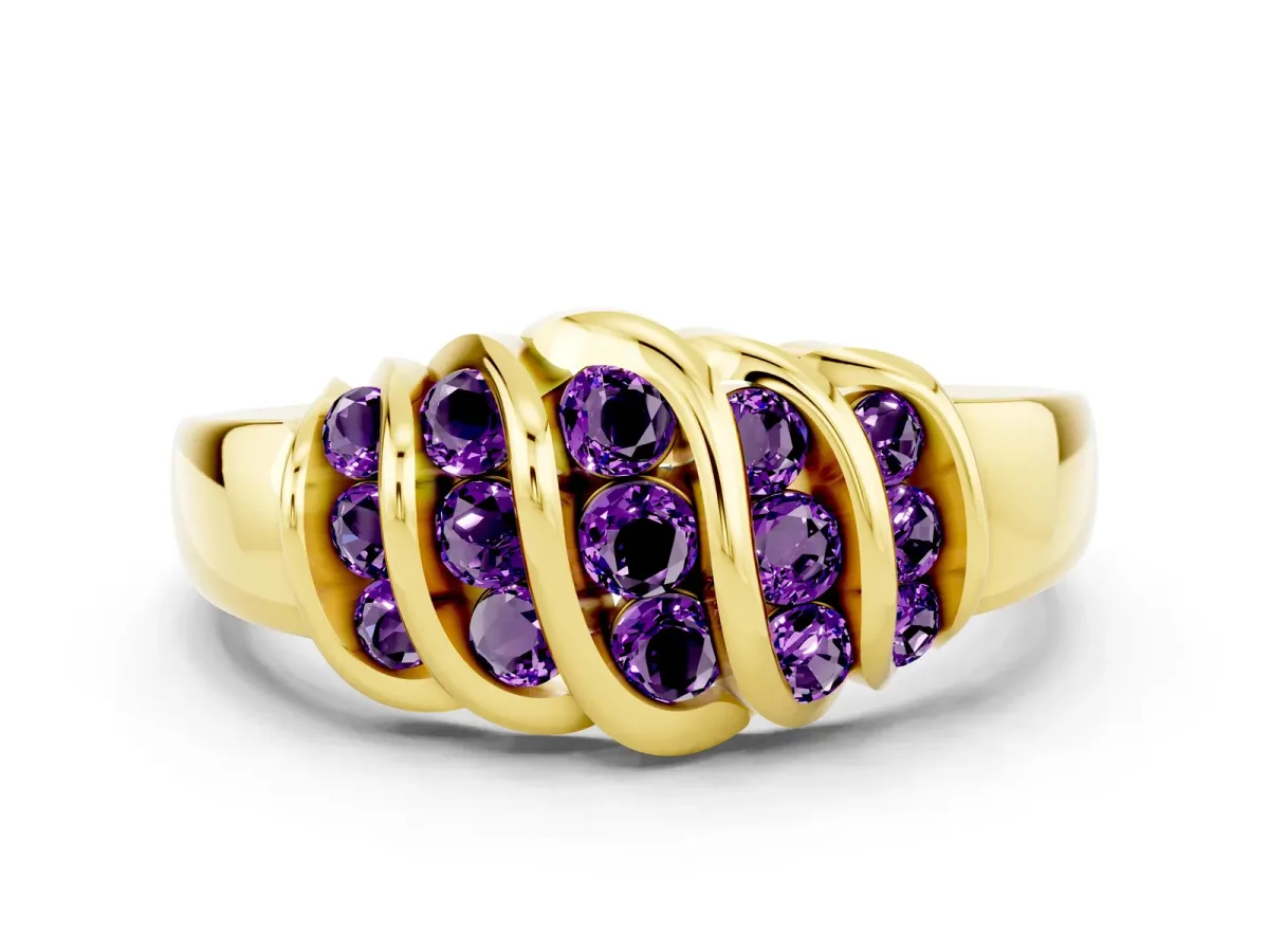 Round Amethyst Multi-Row Crossover Band Yellow gold