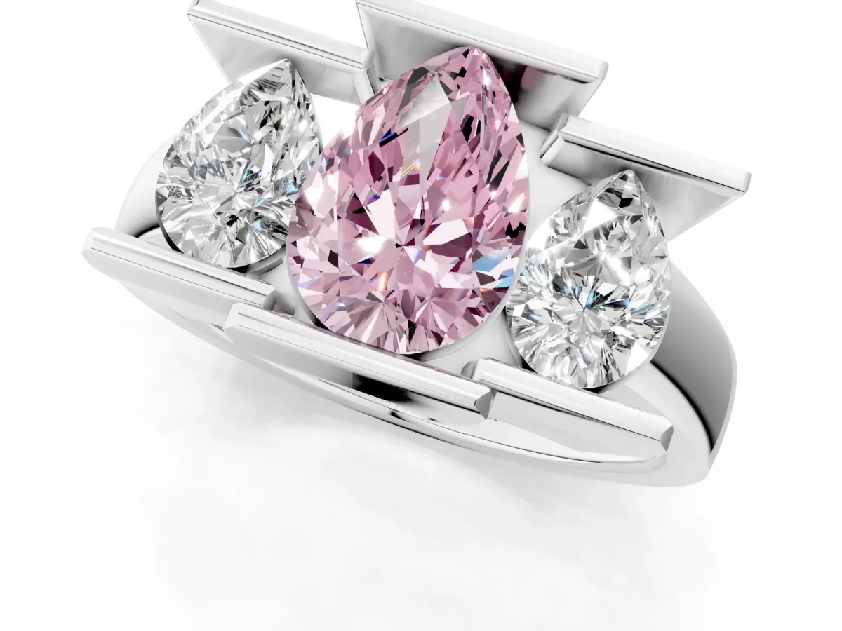 Fancy Pink Three Stone Pear Cut Cut Channel Set Diamond Ring Silver